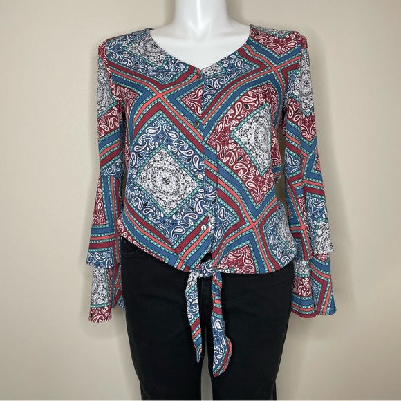 Altar'd State Tops - Altar'd State Blue/Multicolor Print Bohemian Blouse w/Bell Sleeves and Tie Front